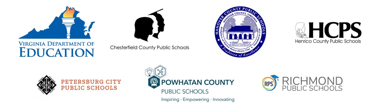 Logos for (top row, left to right) Virginia Department of Education, Chesterfield County Public Schools, Hanover County Public Schools, Henrico County Public Schools; (bottom row) Petersburg City Public Schools, Powhatan County Public Schools, Richmond Public Schools.